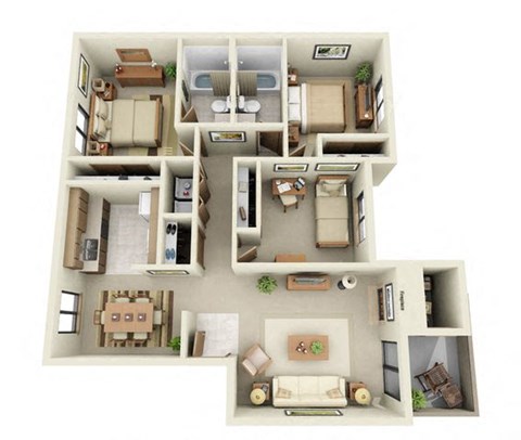 Floor plan for 3 beds, 2 baths, 1090 sqft
